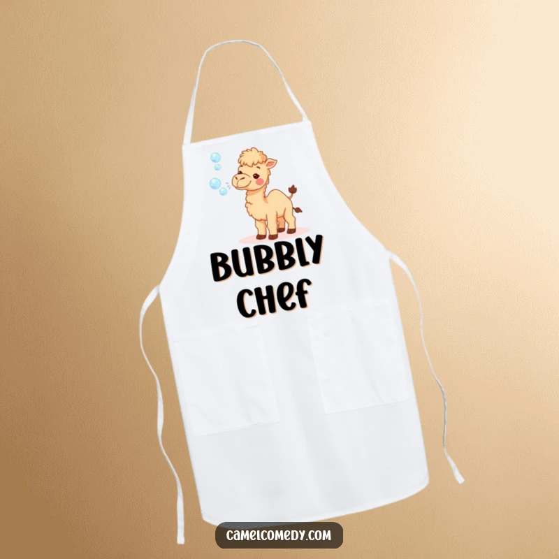 Funny apron showing a tiny camel gleefully blowing a multitude of sparkly bubbles, ideal for kitchen humor and cheerful cooking.