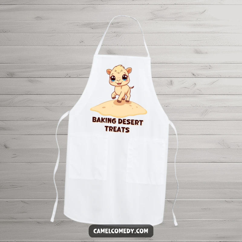 Funny camel apron depicting a tiny camel with large eyes joyfully bouncing on a sand dune, ready for cooking chaos.