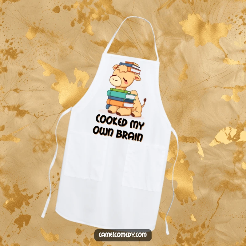 Funny apron with a sleepy camel balancing a stack of books on its head, perfect for a kitchen that doubles as a study.