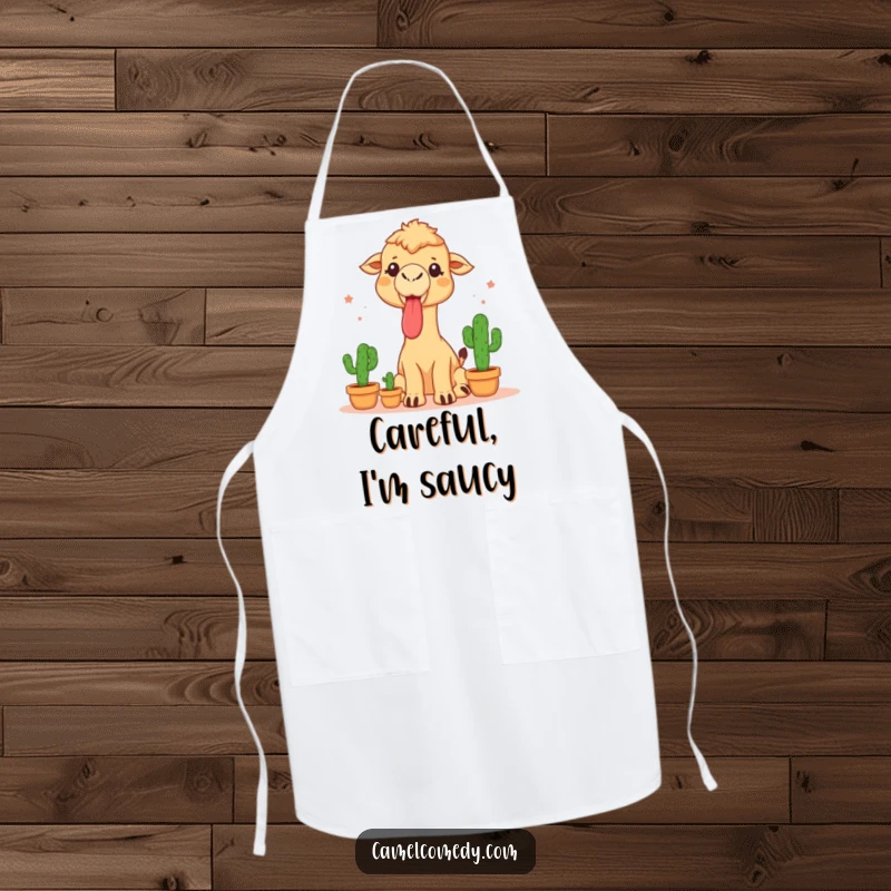 Funny apron showing a camel sticking its tongue out while juggling three small cacti, perfect for a daring cooking experience.