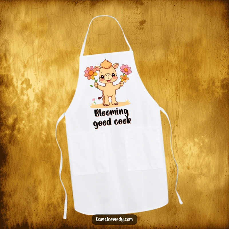 Funny apron depicting a cheerful camel character expertly juggling three colorful desert flowers, ready for kitchen duty with flair.