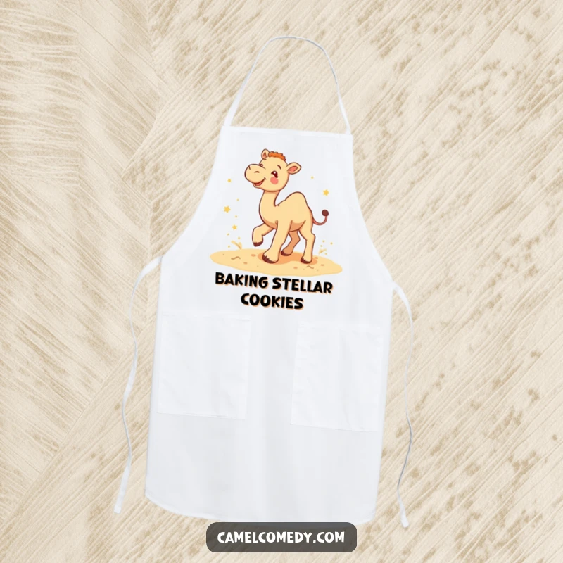 Funny camel star kicker apron showing a camel gleefully kicking up sand with tiny stars, ready for humorous culinary adventures.