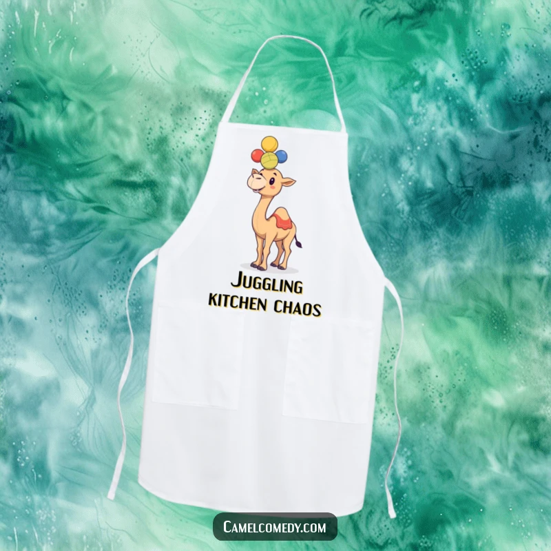 Funny camel balancing juggling balls on its hump, illustrated on a functional and humorous kitchen apron.
