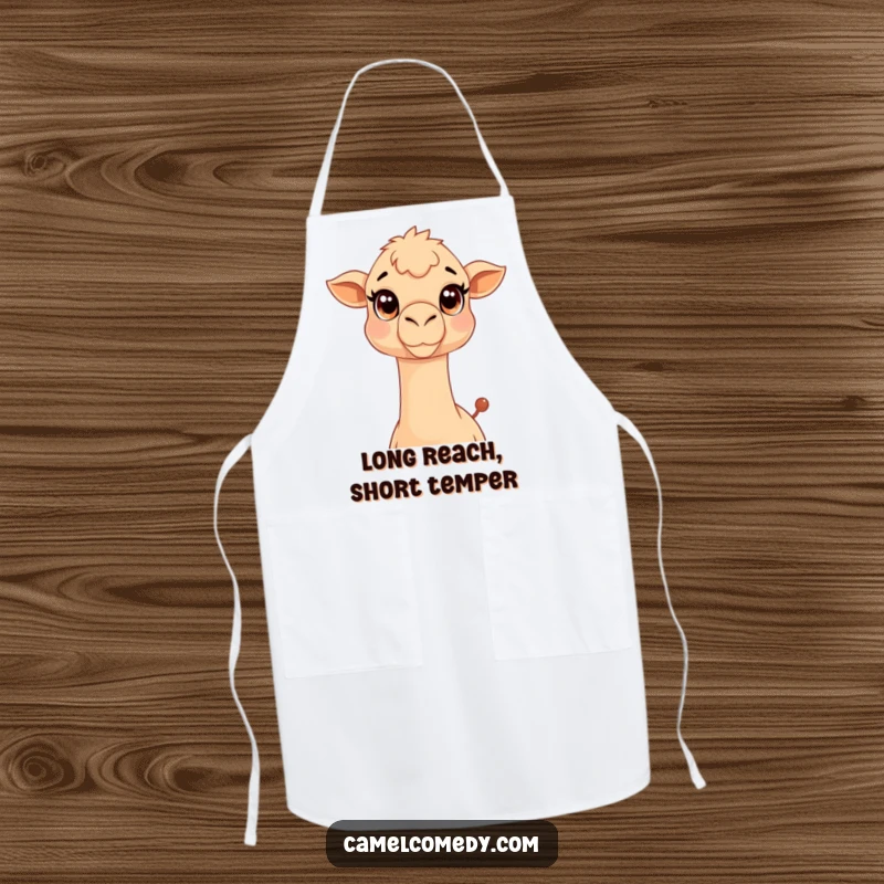 Funny Kawaii Camel Apron depicting a cute camel stretching its neck, a humorous kitchen essential.