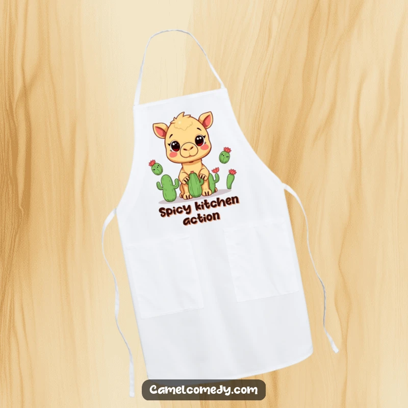 Funny apron with a kawaii camel juggling cacti, wide-eyed, offering humor for the kitchen.