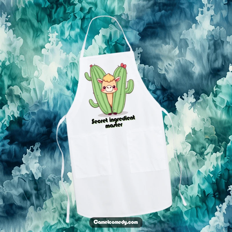 Funny kitchen apron with a kawaii camel peeking from behind a smiling cactus, perfect for chefs who love desert humor.