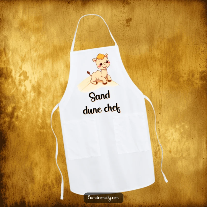 Funny kawaii camel sliding down a sand dune with a joyful grin, printed on a practical and humorous cooking apron.