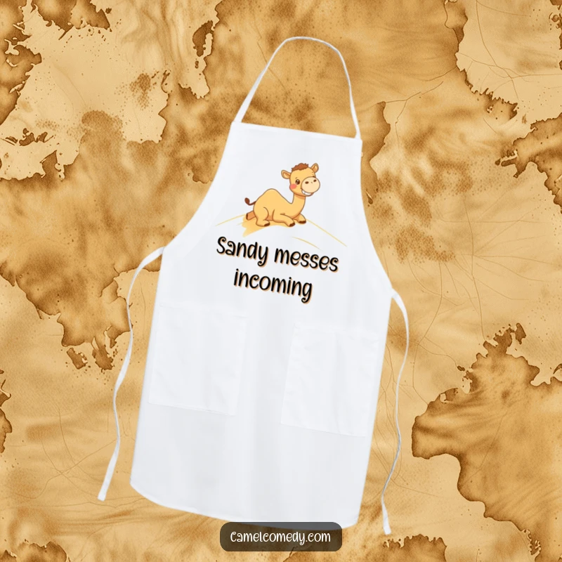 Funny apron with a kawaii camel grinning while sliding down a sand dune, bringing humor to the kitchen.