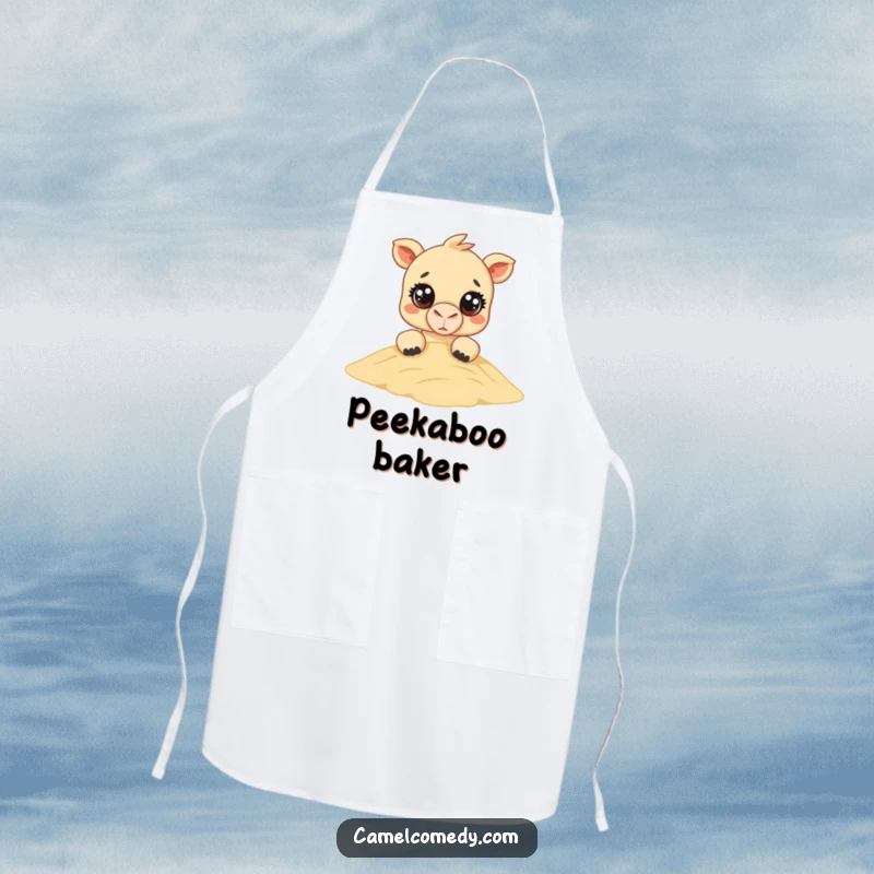 Funny Kawaii Camel Apron: a cute camel with big eyes peeks over a sand dune, bringing funny charm to your cooking adventures.
