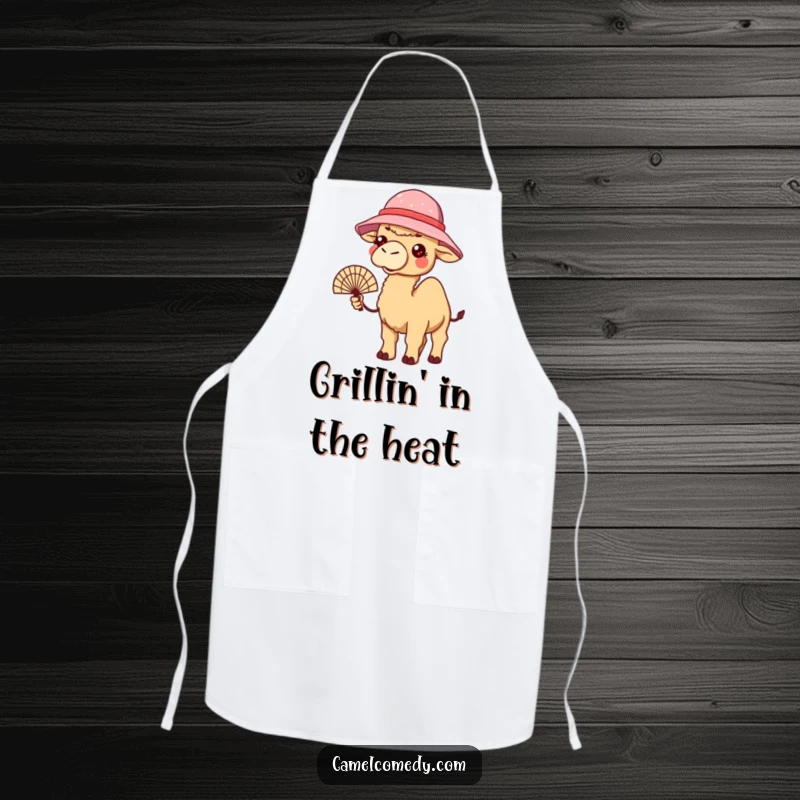 Funny apron with a kawaii camel in a bucket hat, holding a fan, looking warm, bringing summer humor to the kitchen.