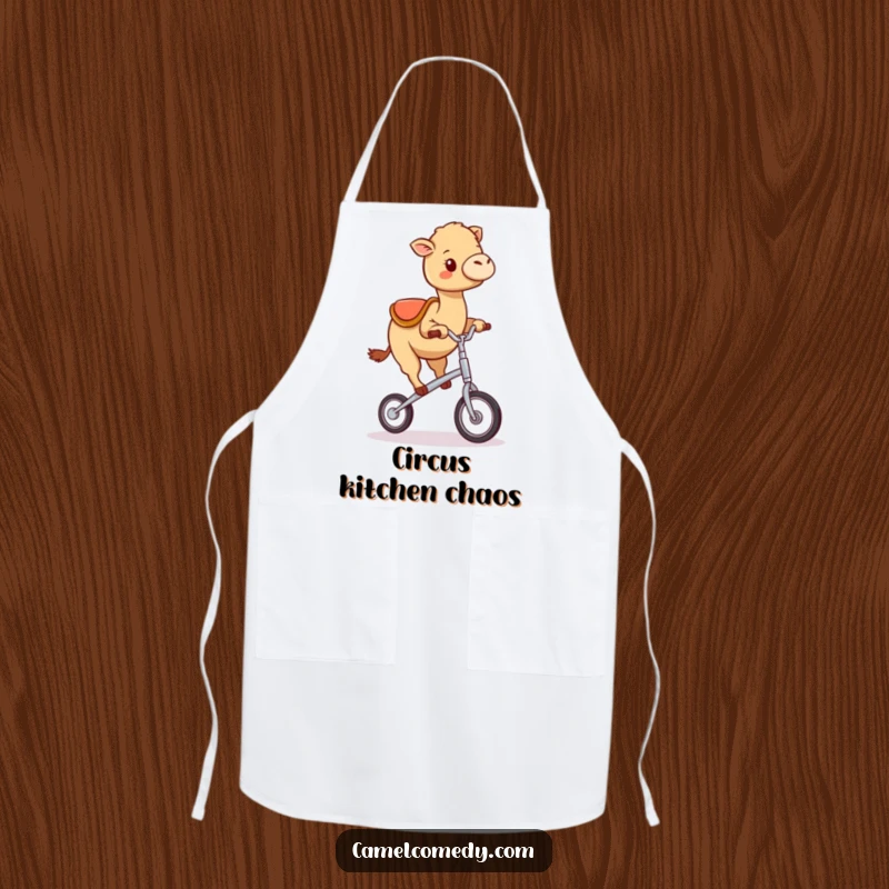 Funny kawaii camel cheerfully wobbling on a miniature unicycle, printed on a practical and humorous cooking apron.