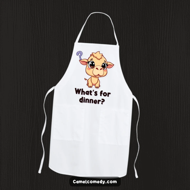 Funny surprised camel with wide eyes, reacting to a floating question mark, humorous and practical kitchen apron.