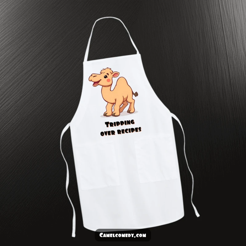 Funny camel tripping over its large feet with a big smile, illustrated on a functional and humorous kitchen apron.