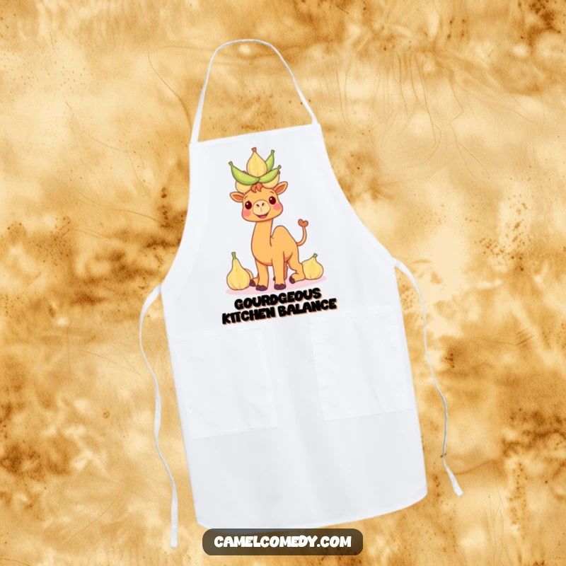Funny camel apron illustrating a smiling camel balancing water gourds, suitable for kitchen humor and cooking enthusiasts.