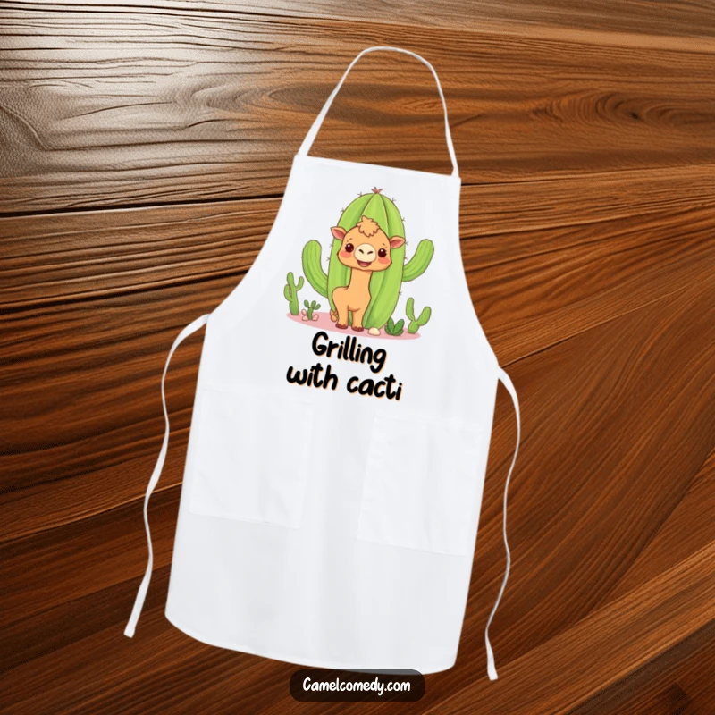 Funny camel cactus apron showing a curious camel peeking around a smiling cactus, ready for humorous kitchen endeavors.