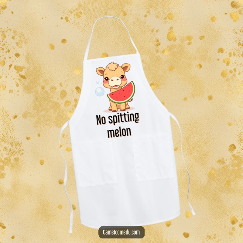 Funny camel blowing a giant watermelon bubble, printed on a stylish apron, perfect for a humorous cooking gift.