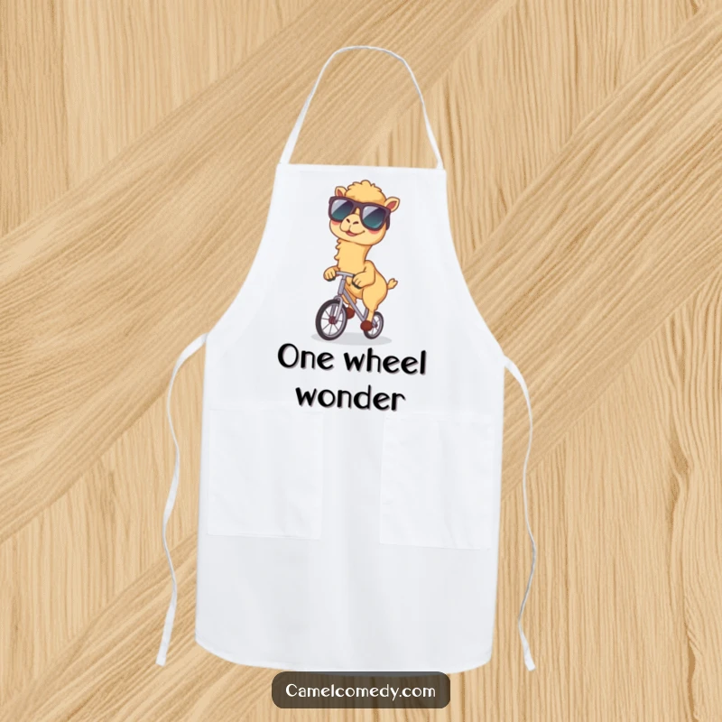 Funny kitchen apron designed with a kawaii camel wearing sunglasses and riding a unicycle, blending style and kitchen humor.