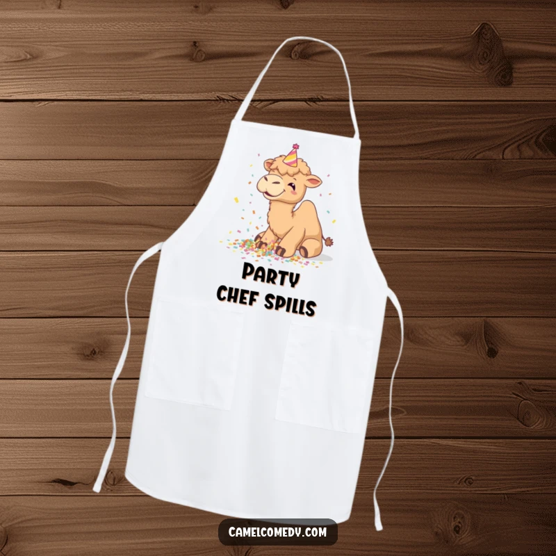 Funny camel apron, giggling while spilling confetti, wearing a party hat, ideal for cooking with flair.