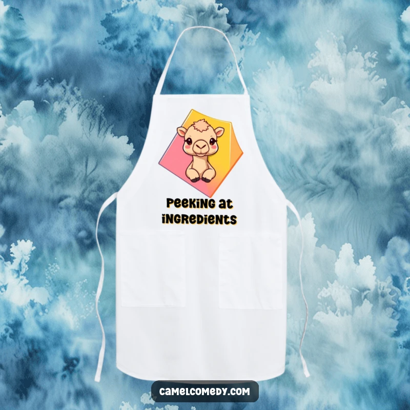 Funny camel peeking from behind a colorful geometric shape, illustrated on a functional and humorous kitchen apron.