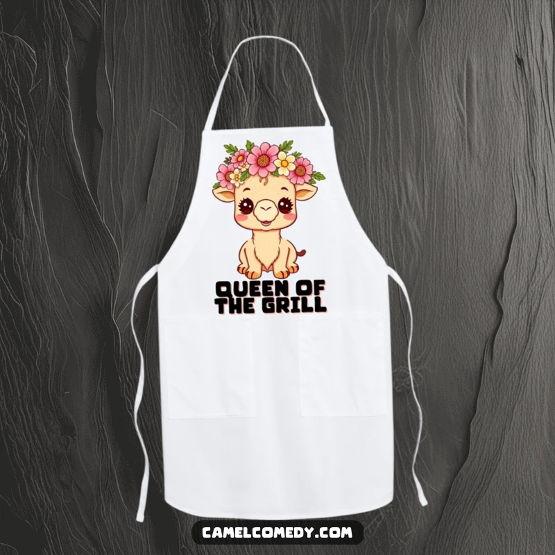 Funny kawaii camel wearing a desert flower crown, beaming on a kitchen apron, ideal for humorous cooking and baking.