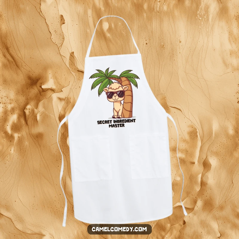 Funny apron with a kawaii camel wearing sunglasses, peeking from behind a palm tree, bringing tropical humor to the kitchen.