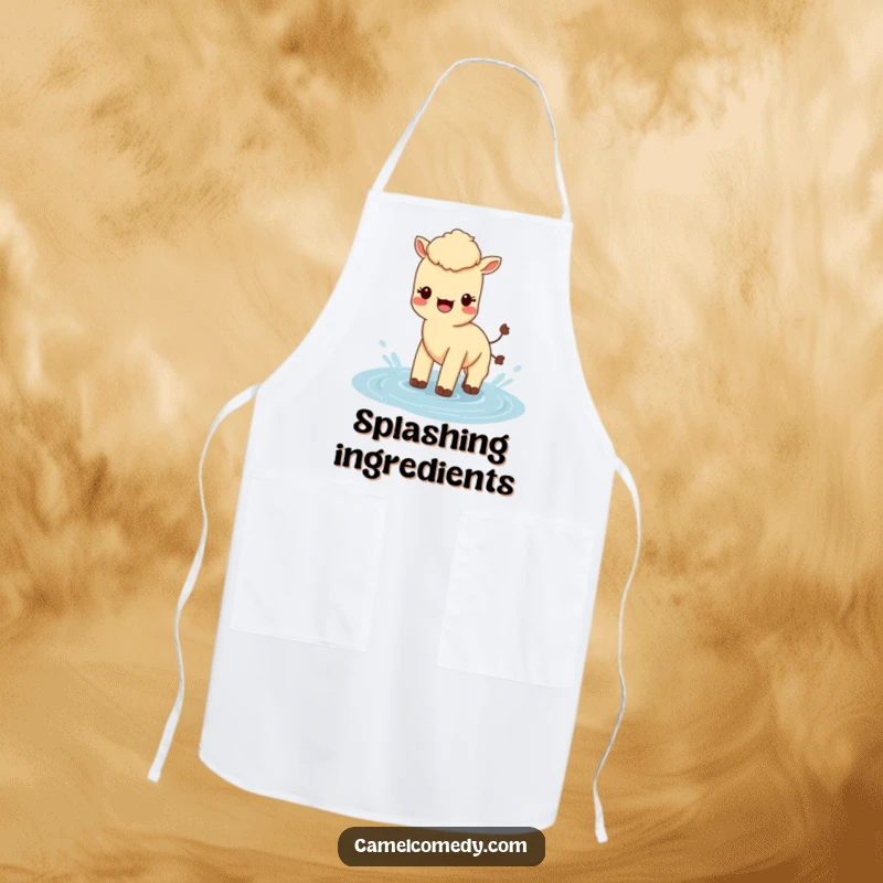 Funny Kawaii Camel Apron showing a cute camel splashing in water, a humorous kitchen essential for chefs.