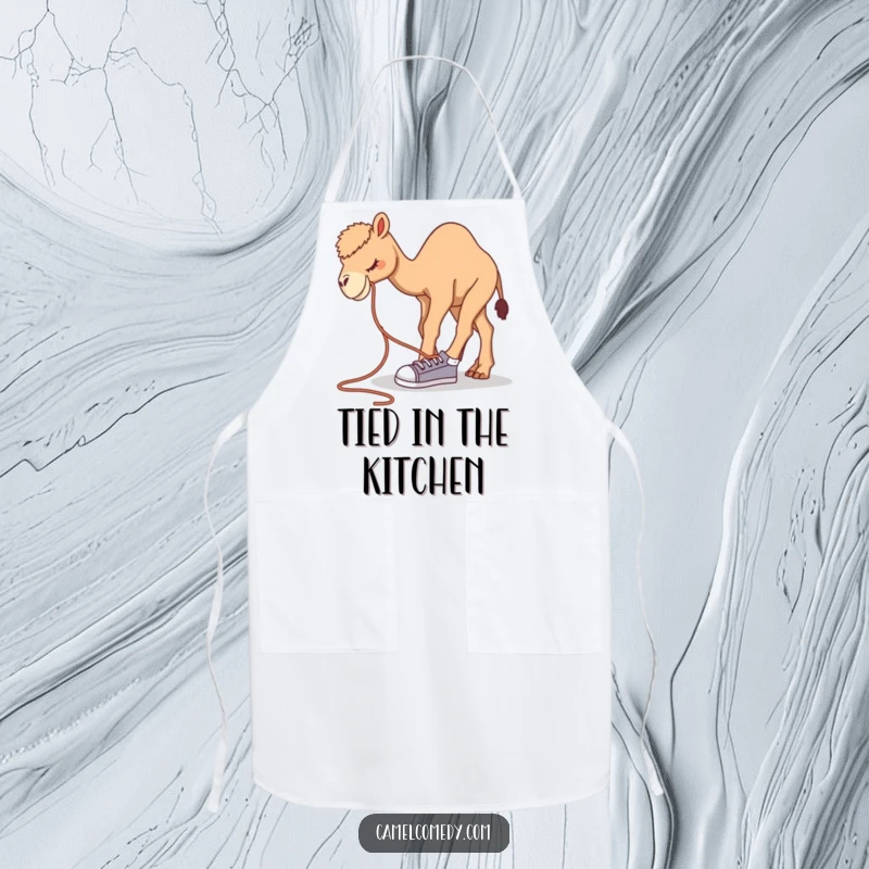 Funny camel apron showing a camel bending over to tie a comically large shoelace, ready for kitchen fun.