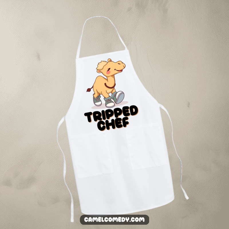 Funny apron showing a giggling camel comically tripping over its own oversized shoes, ideal for kitchen humor and clumsy cooking.