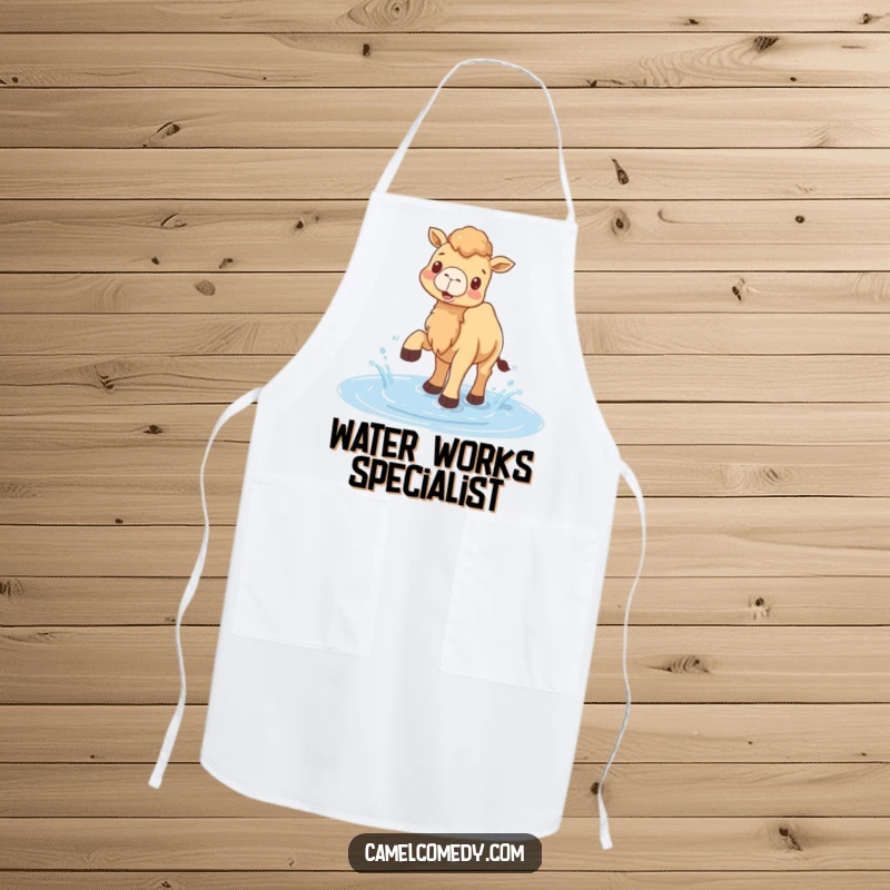 Funny apron depicting a cheerful camel splashing water with its feet in a puddle, ideal for messy cooks who love fun.
