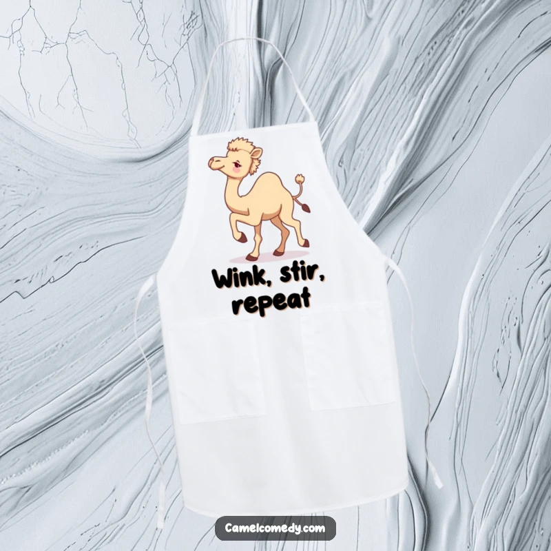 Funny camel apron illustrating a camel in motion, one leg raised, looking back with a playful wink, for kitchen humor.