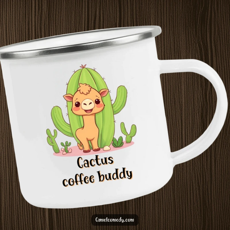 Funny camel cactus camping mug showing a curious camel peeking around a smiling cactus, ready for humorous outdoor enjoyment.