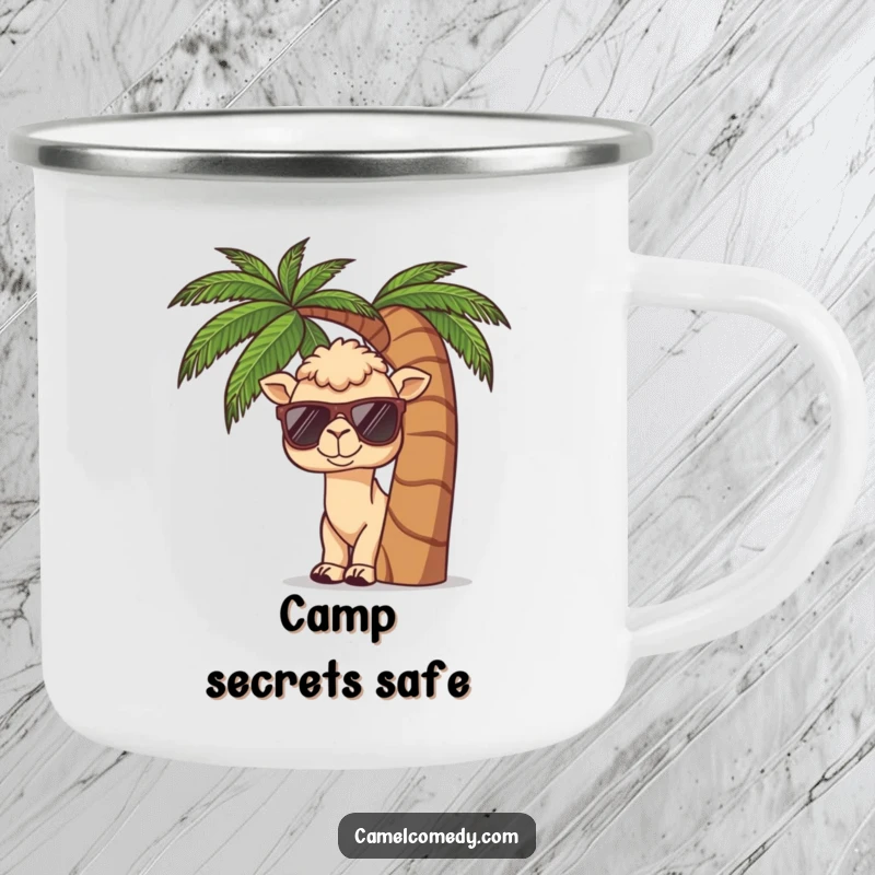 Funny camping mug with a kawaii camel wearing sunglasses, peeking from behind a palm tree, ready for tropical humor.