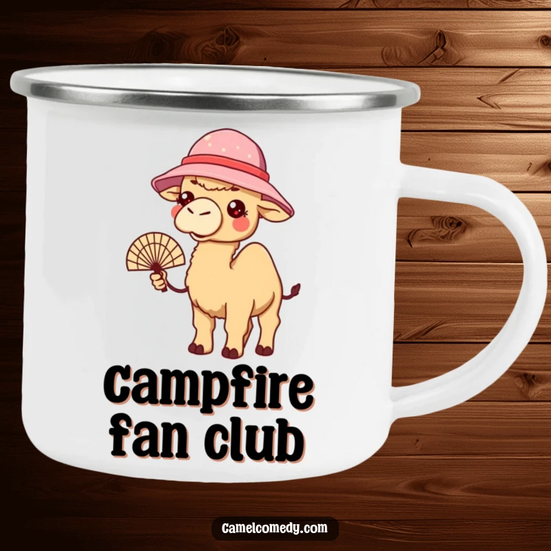 Funny camping mug with a kawaii camel in a bucket hat, holding a fan, looking warm, ready for summer humor.
