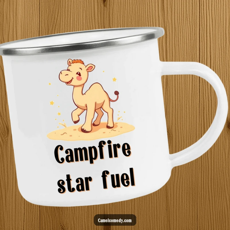 Funny camel star kicker camping mug showing a camel gleefully kicking up sand under tiny stars, ideal for outdoor humor.