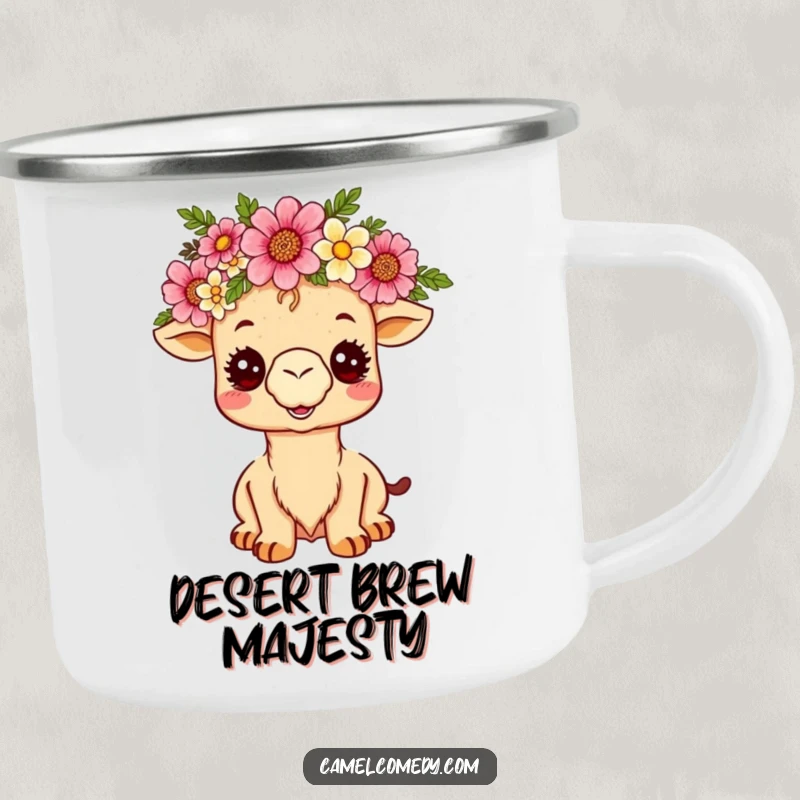 Funny kawaii camel wearing a desert flower crown, beaming on a durable camping mug, ready for outdoor adventures.
