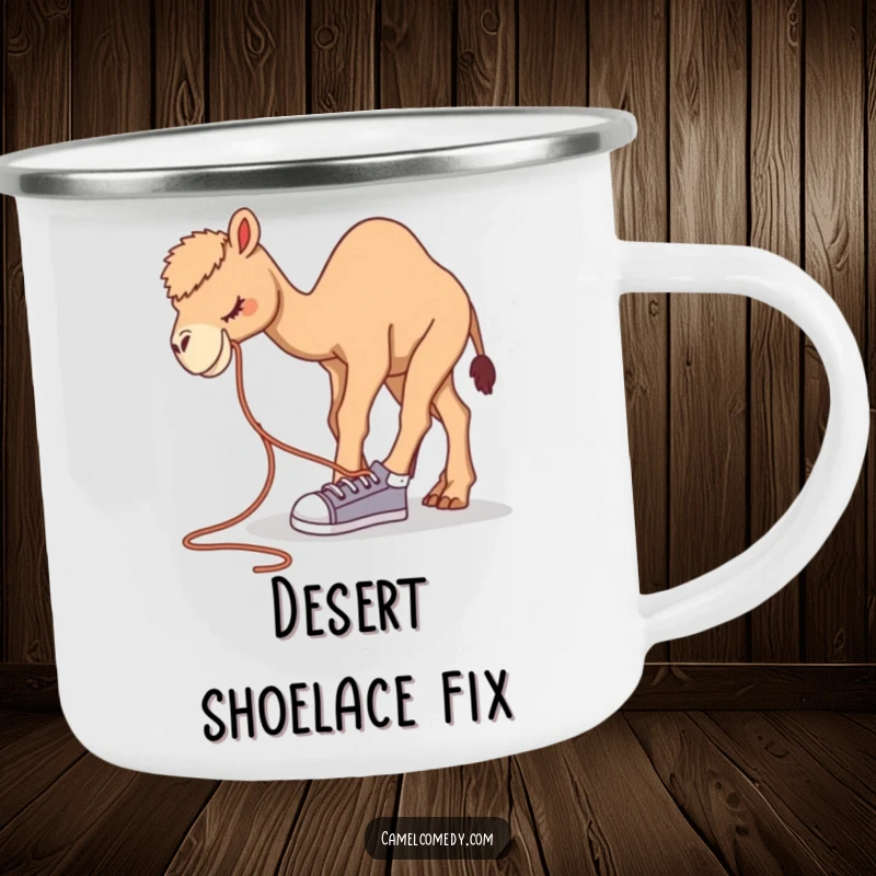 Funny camel camping mug with a camel bending over to tie a giant shoelace, ready for quirky adventures.