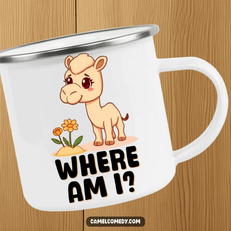 Funny Camel Camping Mug showing a camel looking bewildered at a desert flower, designed for humorous outdoor adventures.