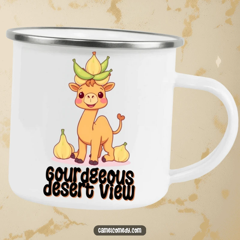 Funny camel camping mug with a smiling camel balancing water gourds, embodying outdoor humor and a thirst for adventure.