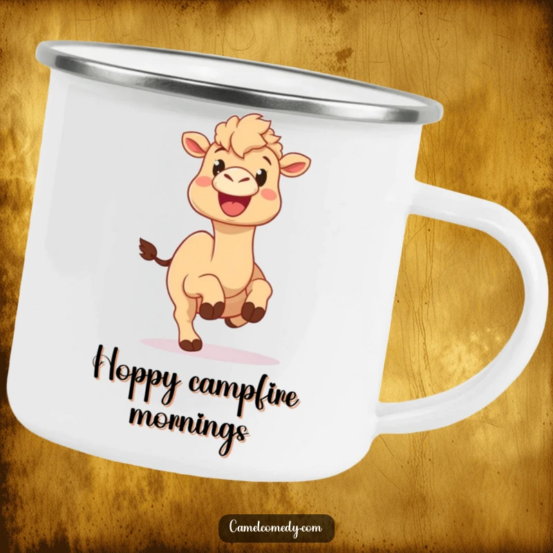 Funny camel camping mug showing a camel doing a silly hop with a huge, happy grin, embodying outdoor joy and fun.