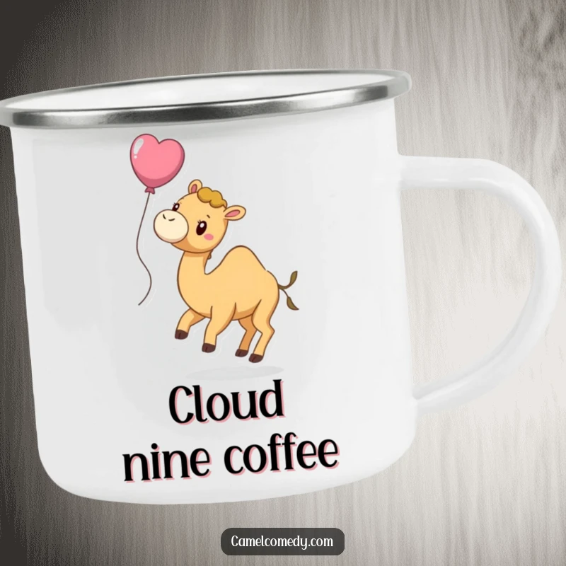 Funny camping mug featuring a playful camel with a balloon tied to its tail, floating slightly, perfect for outdoor whimsy.