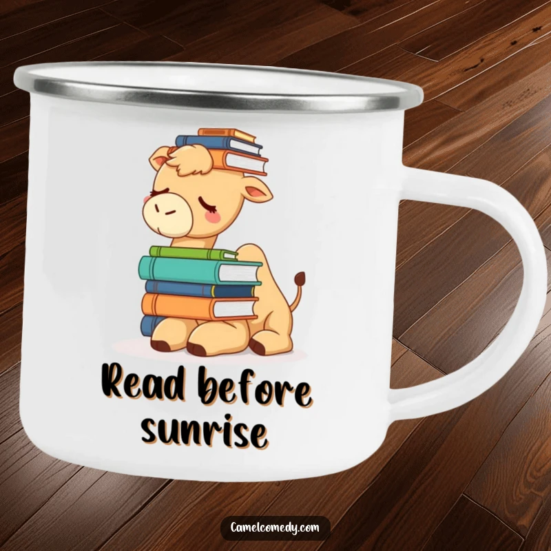 Funny camping mug showing a sleepy camel trying to balance a stack of books on its head, for the studious adventurer.