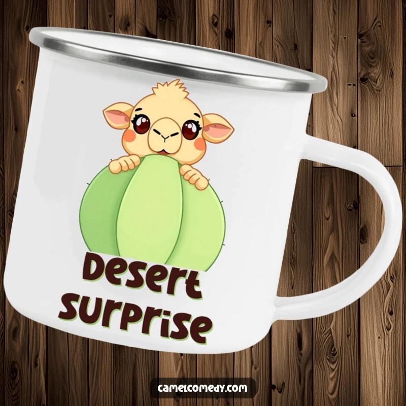Funny Camel Camping Mug: A surprised camel peeking over a large cactus, ready for desert adventures. Durable funny gift.