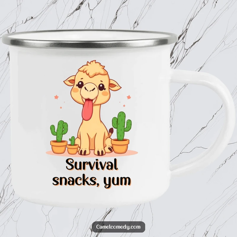 Funny camping mug with a camel sticking its tongue out while juggling three small cacti, perfect for daring outdoor fun.