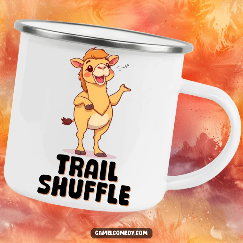 Funny camel doing a silly dance in desert wind, on a durable camping mug, ideal for a humorous outdoor gift.