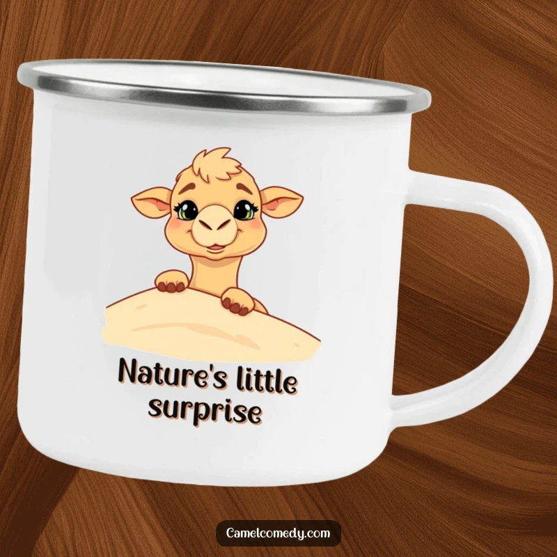 Funny camping mug with a camel with a goofy grin peeking from behind a sand dune, perfect for outdoor fun.