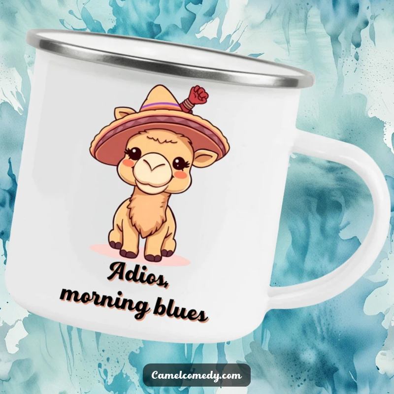 Funny camping mug featuring a giggling camel wearing a tiny sombrero and tipping it, bringing fiesta vibes to the outdoors.