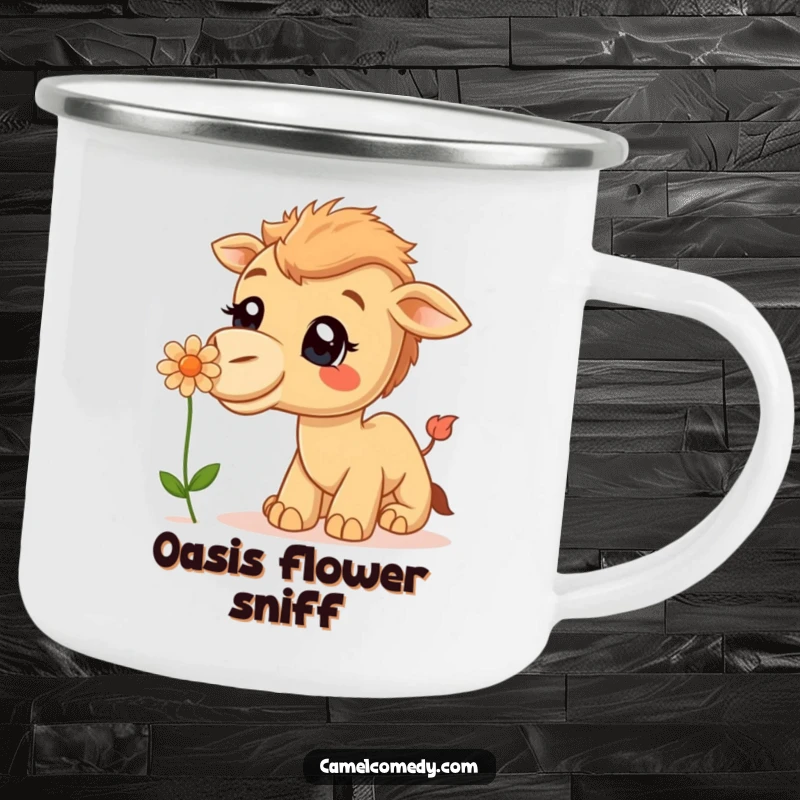 Funny Camping Mug: A curious camel with a big smile is shown sniffing a delicate desert flower.