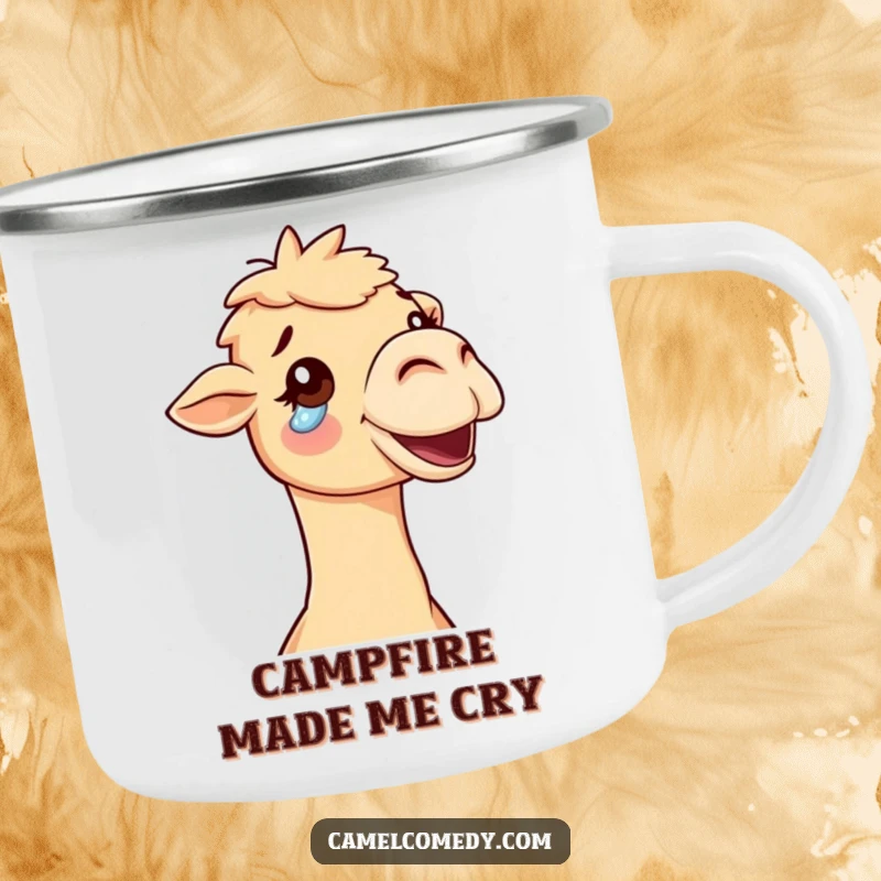 Funny delighted camel with a tear of joy rolling down its cheek, durable and humorous camping mug.