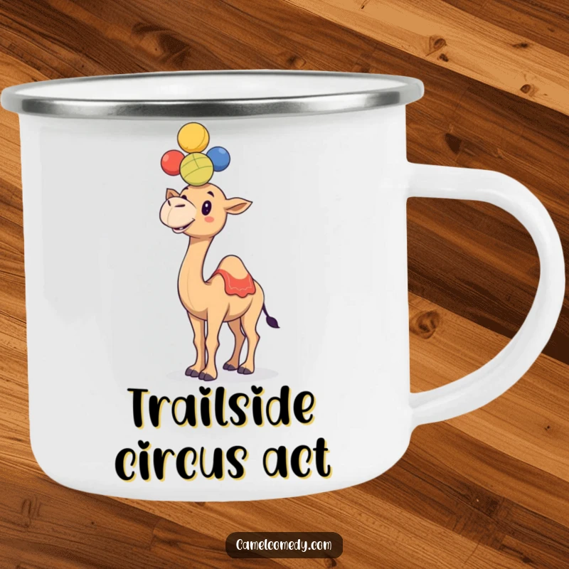 Funny camel balancing colorful juggling balls on its hump, designed for a humorous camping mug.