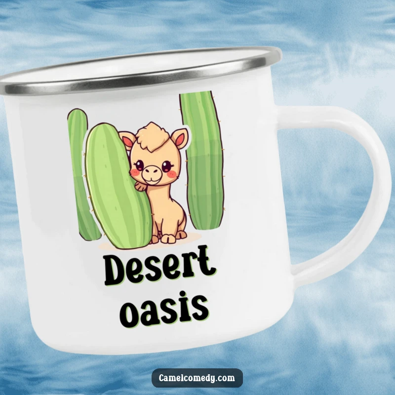 Funny camping mug featuring a kawaii camel peeking from behind a cactus, ready for outdoor adventures with humorous cuteness.